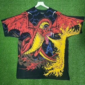 Vintage 1993 Liquid Blue Dragon All Over Print T Shirt XL Mens Black Fantasy 90s